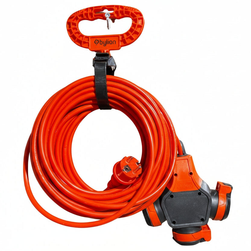 Verlengkabel 20M met 3 stopcontacten en handige ophanghaak Top-Tools.nl